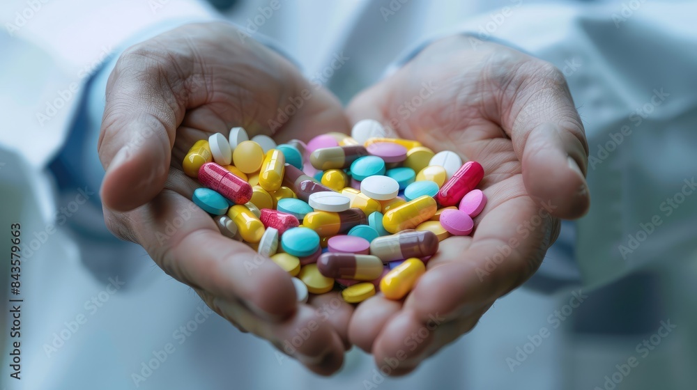 Close-up of Pharmacy hands handling pills Close-up of Pharmacy hands handling pills