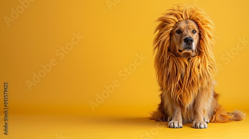 A golden retriever dog dressed in a lion costume sits against a yellow background. photo