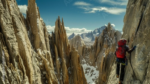 A climber navigating their way through a maze of towering penitentes determined to reach the summit. photo