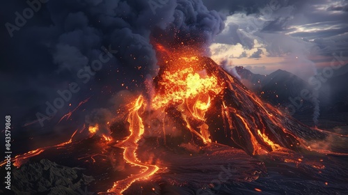 Erupting volcano with lava flow