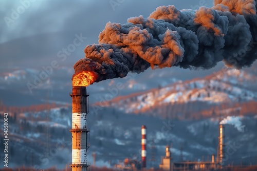 A tall industrial chimney spews thick, dark smoke into the evening sky, creating a dramatic silhouette against the backdrop of a distant, snow-capped mountain range photo