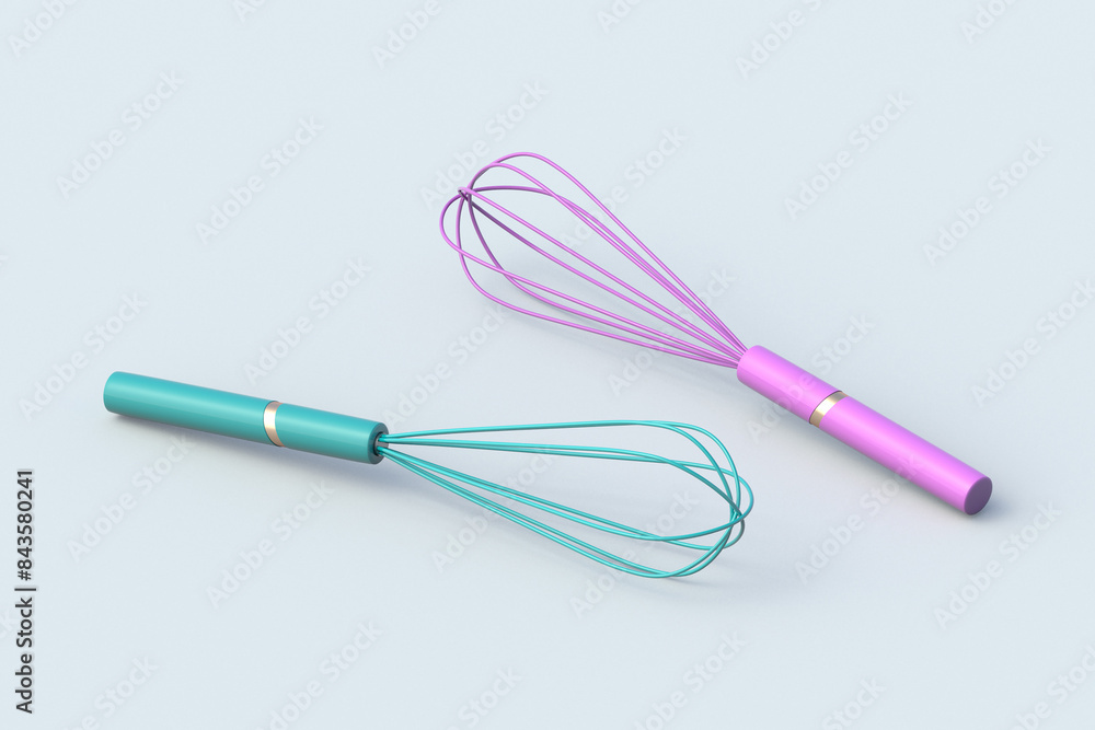 Two wire whisk for whipping on gray background. Kitchen utensils. Beater for eggs. Hand mixer. 3d render Two wire whisk for whipping on gray background. Kitchen utensils. Beater for eggs. Hand mixer. 3d render