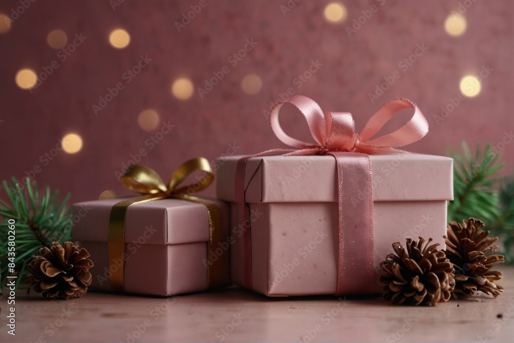 Christmas pink background, gift table, bokeh lights, copy space. Christmas pink background, gift table, bokeh lights, copy space.