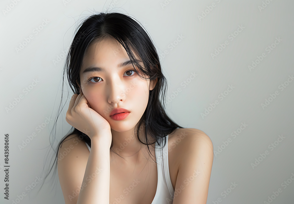 photo of Asian woman her early mid20s straight hair fair skin tone posing camera white background She one hand resting gently against his chin if thinking or looking slightly upwards towards above photo of Asian woman her early mid20s straight hair fair skin tone posing camera white background She one hand resting gently against his chin if thinking or looking slightly upwards towards above