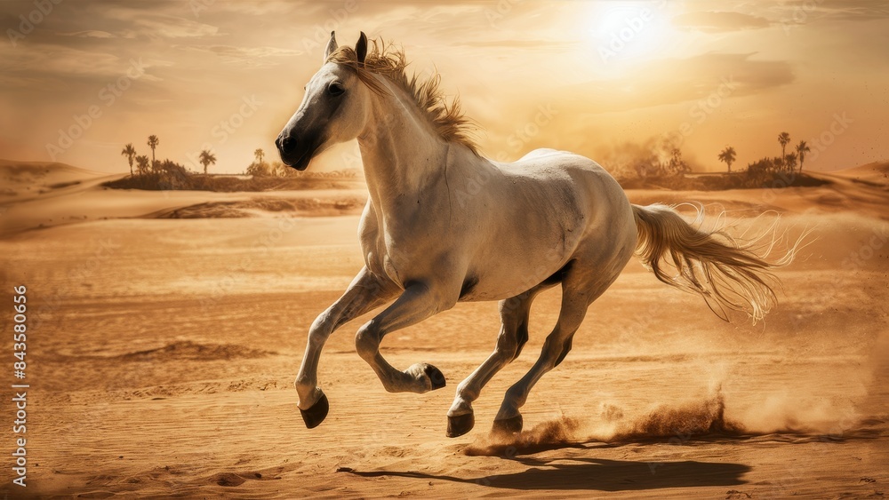 galloping white horse in desert galloping white horse in desert