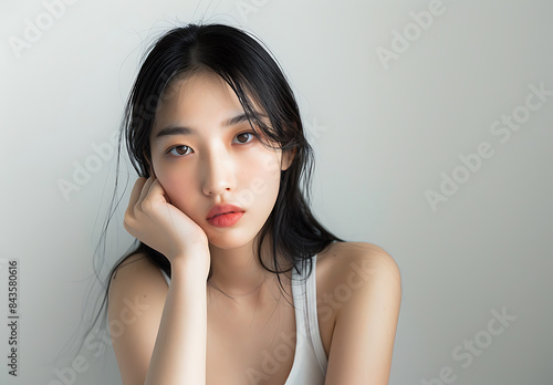 photo of Asian woman her early mid20s straight hair fair skin tone posing camera white background She one hand resting gently against his chin if thinking or looking slightly upwards towards above photo