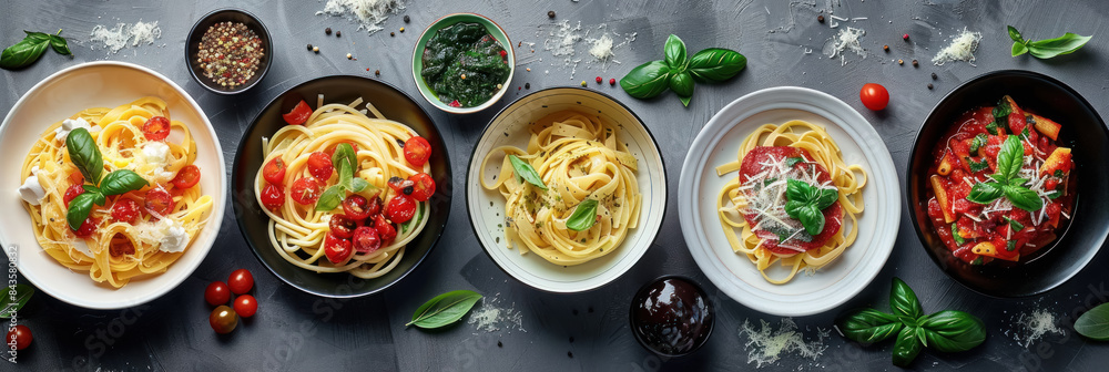 Plates of Pastas with Different Sauces - Top View Italian Food Concept Panorama Banner