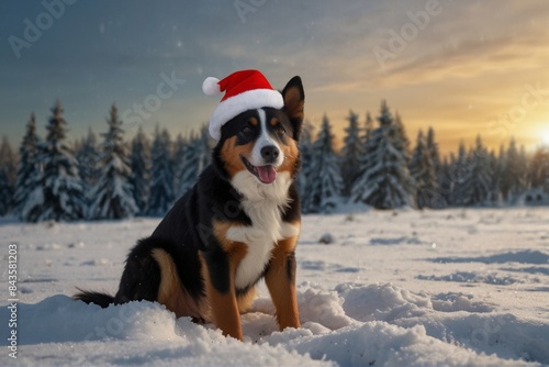 Christmas card, dog New Year hat, snow, forest bokeh, copy space. © Plutmaverick