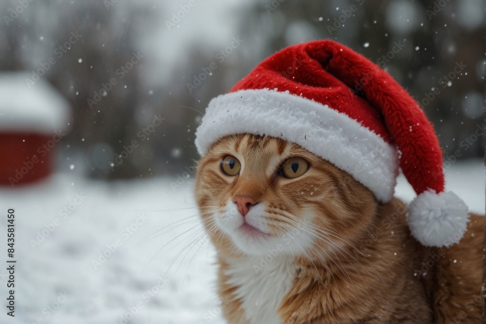Christmas card, cat New Year's hat, snow, forest bokeh, copy space. Christmas card, cat New Year's hat, snow, forest bokeh, copy space.