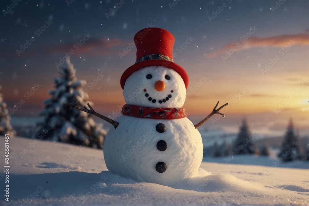 Fototapeta premium Christmas card, snowman, snow, forest, hat, scarf, template, concept, copy space.