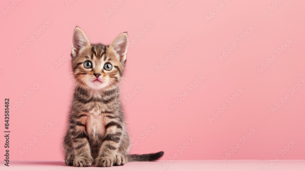 Fototapeta premium A cute kitten sitting on a solid pastel rose background, space above for text