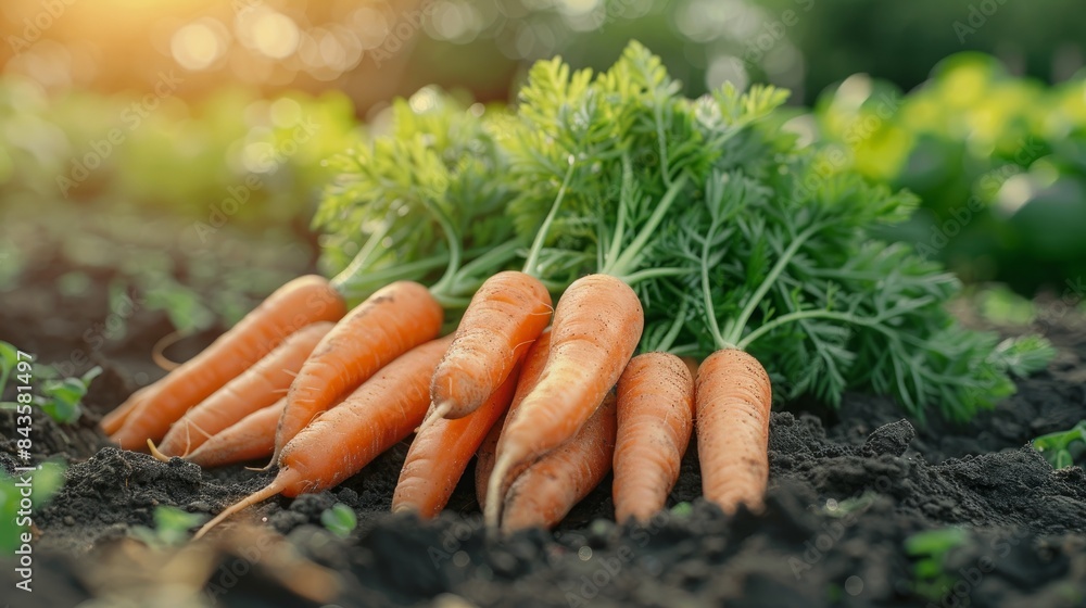 Depict the crunchiness of a bunch of fresh carrots in a close-up shot. Depict the crunchiness of a bunch of fresh carrots in a close-up shot.