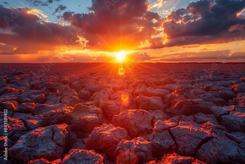 A sunset casts an orange glow over a field of cracked earth, a stark reminder of the effects of global warming