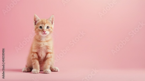 A cute kitten sitting on a solid pastel rose background, space above for text
