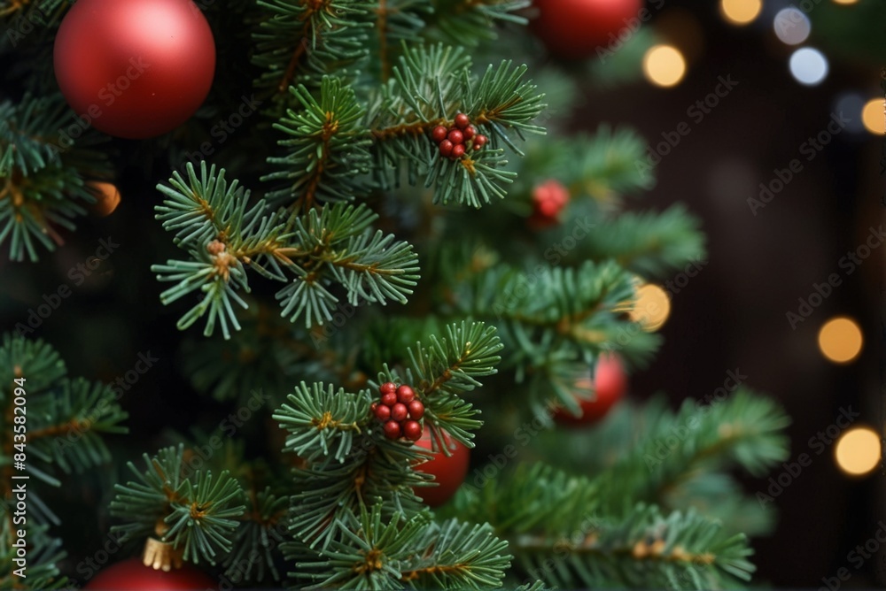 Christmas tree and red balls, bokeh lights, template, Christmas card. Christmas tree and red balls, bokeh lights, template, Christmas card.