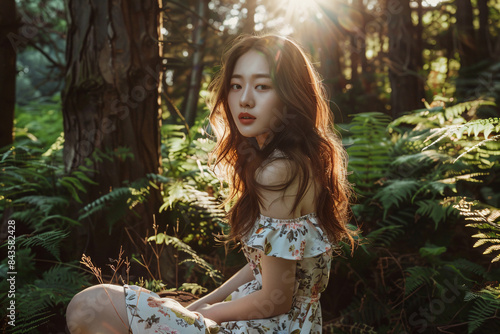 a woman sitting in the woods with a sun shining behind her