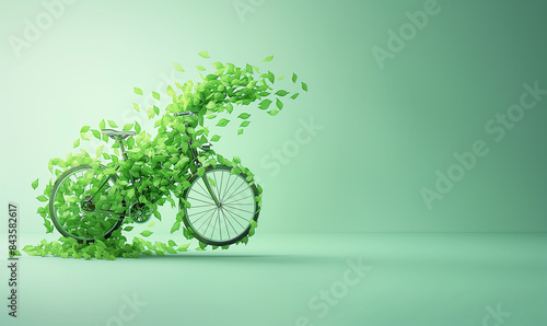 Bicycle Made of Leaves Flying on Light Green Background (generative AI)