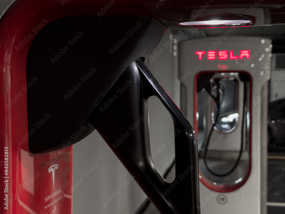 Bucharest, Romania 2 June 2024 Tesla supercharger network. Wide