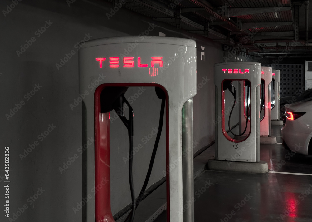 Bucharest, Romania 2 June 2024 Tesla supercharger network. Wide