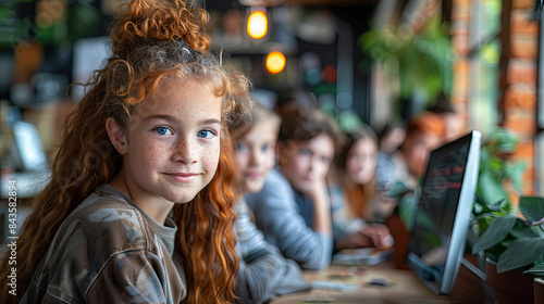 Portrait of cute redhead girl looking at camera while sitting in cafe © Graphic Dude
