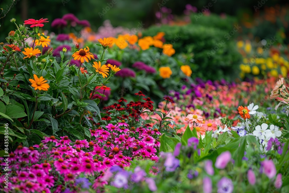 Obraz premium a vibrant section of the garden where a variety of flowers in different colors bloom together.