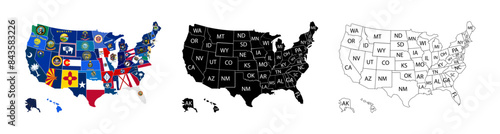 Map of all US states. Vector design of colored ensigns of the states of the usa. Detailed map of US states. Labeling with postal abbreviations. Stock vector.