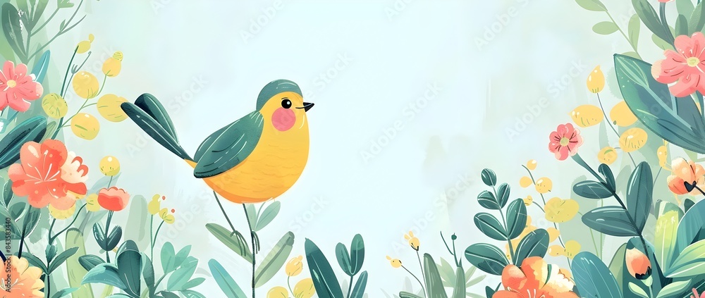 Charming Chick Amidst Floral Frame and Garden Setting with Blank Space for Mockup Charming Chick Amidst Floral Frame and Garden Setting with Blank Space for Mockup
