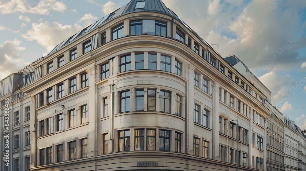 8k image of an office building in Vienna, Austria, combining baroque elements with contemporary architecture