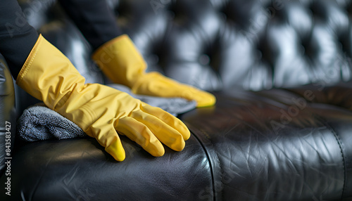 Employee hand in rubber protective glove with microfiber cloth cleaning luxury black leather chester sofa.