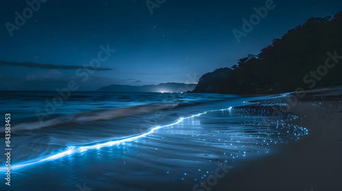 Serene Bioluminescent Beach with Glowing Waves