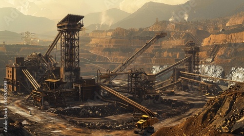 An industrial mining site with heavy machinery and conveyor belts extracting minerals against a mountainous landscape. photo