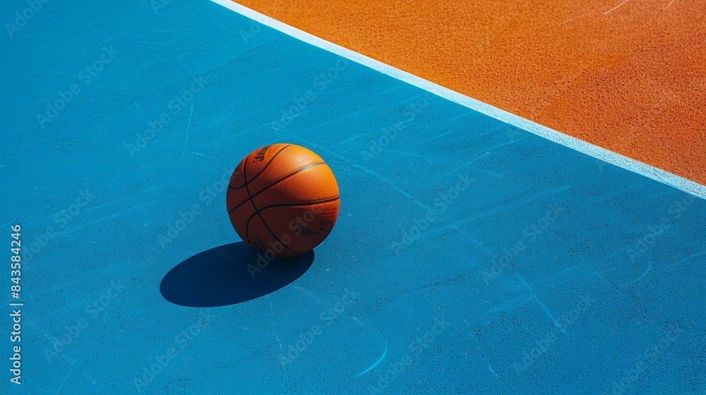 Basketball on vibrant court surface - A basketball lies on a colorful court with a clear demarcation line, showcasing texture and vibrancy Basketball on vibrant court surface - A basketball lies on a colorful court with a clear demarcation line, showcasing texture and vibrancy