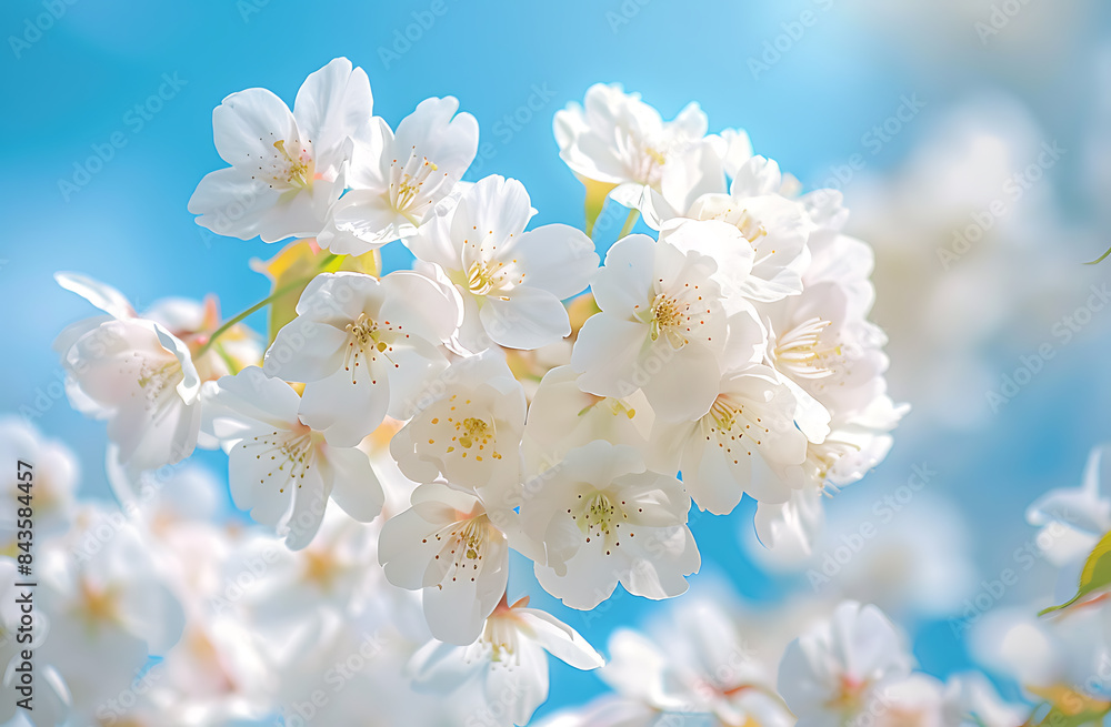 photo of white cherry blossom full bloom clear blue sky fluffy cloud background focus closeup shot of individual flower against soft bokeh effect capture their delicate petal vibrant color photo of white cherry blossom full bloom clear blue sky fluffy cloud background focus closeup shot of individual flower against soft bokeh effect capture their delicate petal vibrant color