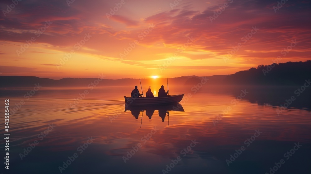 A family of four enjoying a sunset boat ride on a serene lake. A family of four enjoying a sunset boat ride on a serene lake.