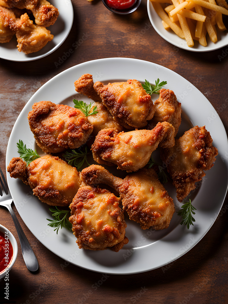food photography style, fried chicken, plate, table, appetizing, professional, culinary, high-resolution, commercial, highly detailed. AI generated. food photography style, fried chicken, plate, table, appetizing, professional, culinary, high-resolution, commercial, highly detailed. AI generated.