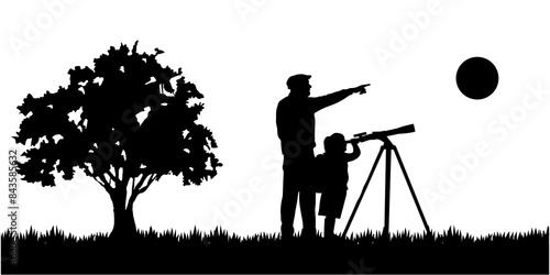 elderly man and child look through a telescope silhouette. elderly man and child look through a telescope landscape design. vector illustration