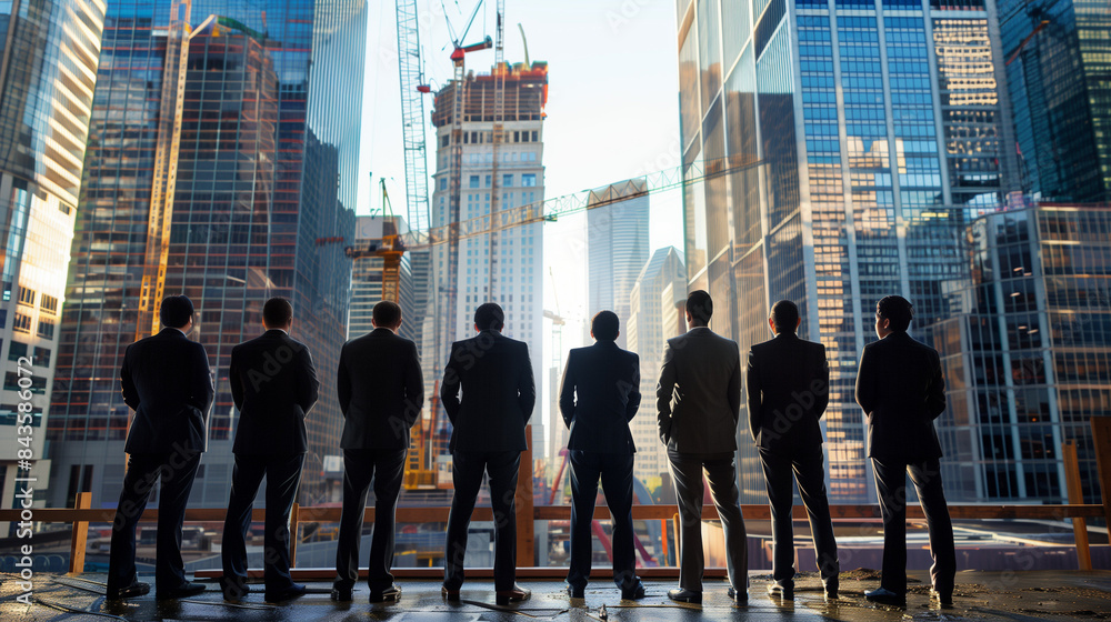 Building From Suits Several men in suits stand looking at a modern office building under ...
