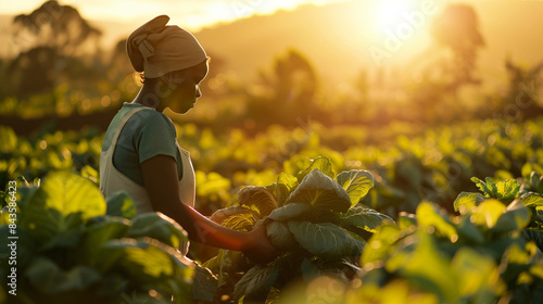 African woman farmer inspecting vegetables. Agriculture harvesting and plantation concept. Agriculture field and female farm worker. Successful ideas of a vegetable gardening business. Generative AI.