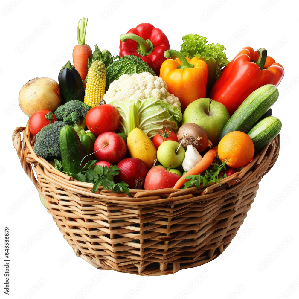 Assorted Fresh Vegetables and Fruits in a Wicker Basket with Transparent Background for Versatile Use on Web Pages or Documents Assorted Fresh Vegetables and Fruits in a Wicker Basket with Transparent Background for Versatile Use on Web Pages or Documents