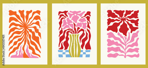 Vector illustration in simple wavy and groovy naive style, flowers and plants, floral botanic hand drawn design templates, frames and modern wall art prints, posters, placards, packaging, branding..