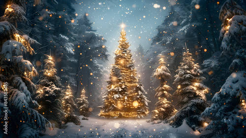A beautiful Christmas tree decorated with lights stands in the center of an enchanted snowy forest under a starry sky. surrounded by snowcovered trees and glowing stars 