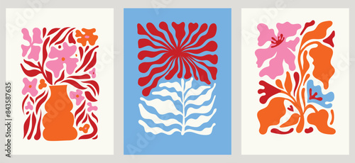 Vector illustration in simple wavy and groovy naive style, flowers and plants, floral botanic hand drawn design templates, frames and modern wall art prints