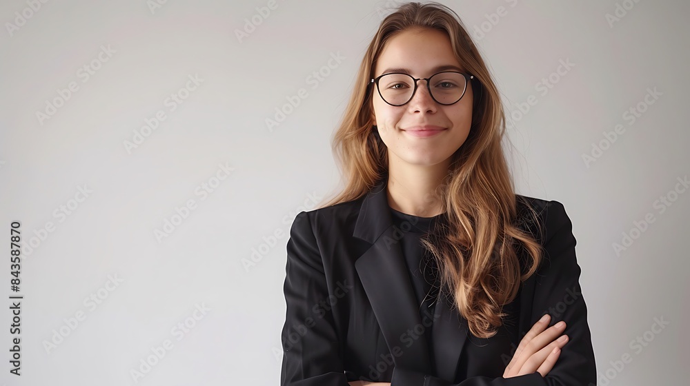 Happy millennial woman in glasses posting with, looking at camera, smiling. Confident female customer, young student girl, professional head shot portrait, on solid colored background Happy millennial woman in glasses posting with, looking at camera, smiling. Confident female customer, young student girl, professional head shot portrait, on solid colored background