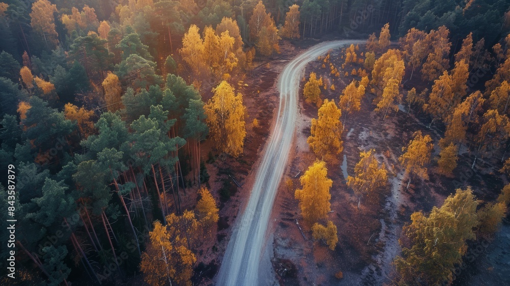 An aerial shot of a winding dirt road and colorful autumn forest in Vorooma. Estonia An aerial shot of a winding dirt road and colorful autumn forest in Vorooma. Estonia