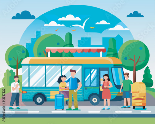 bus stop with passengers vector illustration