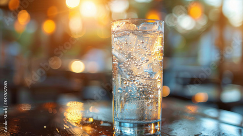 A glass of sparkling water with ice, captured in the warm glow of a sunset, evoking refreshment and relaxation.