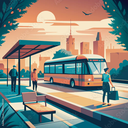 bus stop with passengers vector illustration