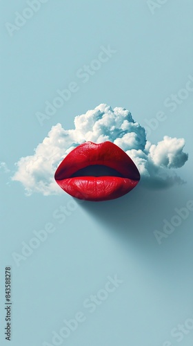 Red lips with white cloud on light blue background, minimalist surreal concept