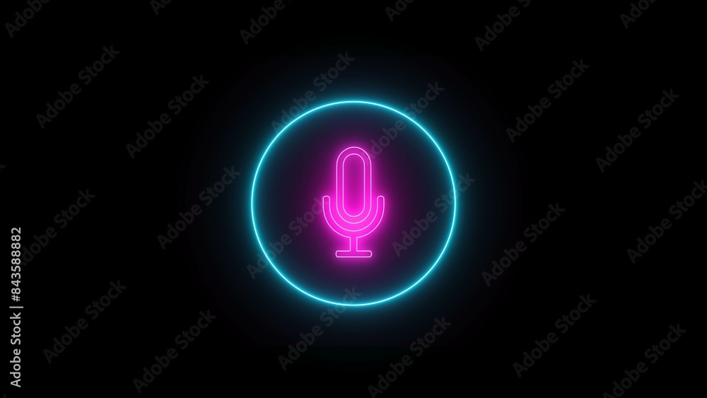 Pink color neon line microphone icon on black background. Neon illuminated voice recording microphone button icon. Neon radio wave microphone sign. Pink color neon line microphone icon on black background. Neon illuminated voice recording microphone button icon. Neon radio wave microphone sign.