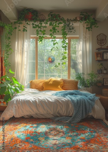 Bohemian Bedroom A bedroom with colorful textiles, a canopy bed, and eclectic decor. Include a variety of plants and natural light.  © Nico
